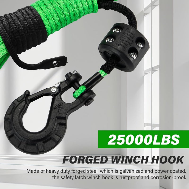 TYT Off-Road Winch Rope Kit - 3/16''x50', 8500 Lbs Green Synthetic Cable with Protective Sheath, Heavy-Duty Hook, Safety Pull Strap & Rubber Stopper Ideal for 4WD ATV UTV Vehicles, (JPS31650G) - Image 4